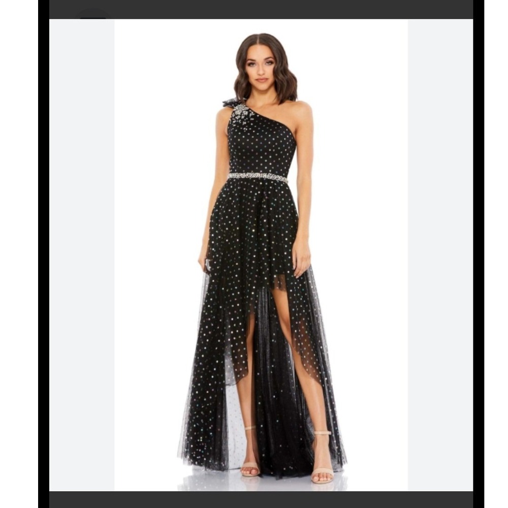 Mac Duggal Gown Womens 8 Black One Shoulder High Low Tulle Holographic Polka Dot